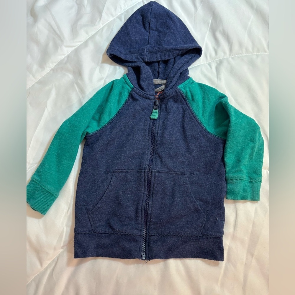 Cat & Jack Heathered Blue and green Zip-Up Jacket with hood- 18 months